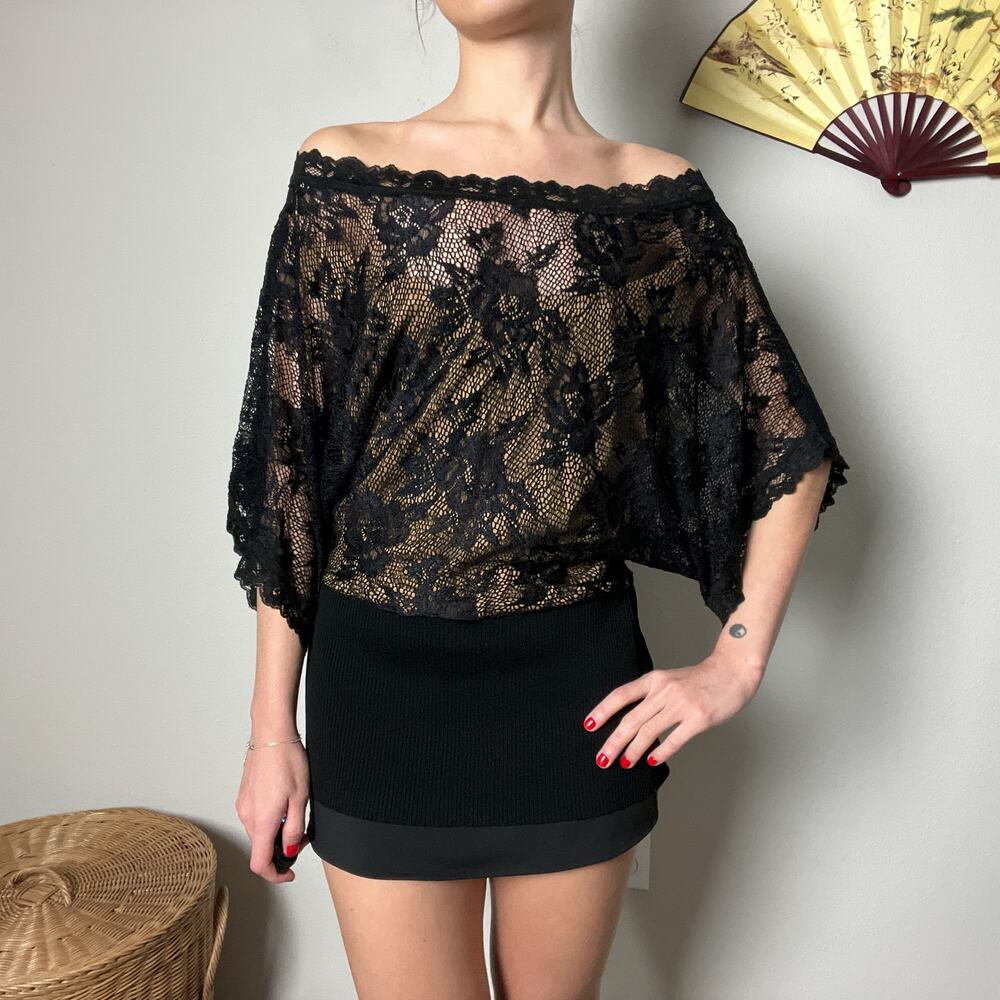 y2k cache black sheer lace boatneck off shoulder dolman batwing blouse top